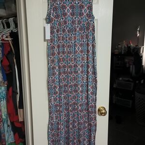 Loveappella Floral-Print Maxi Dress in Navy and Coral
